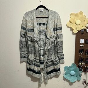 CAbi Gray and‎ Black Geometric Open-Front Cardigan